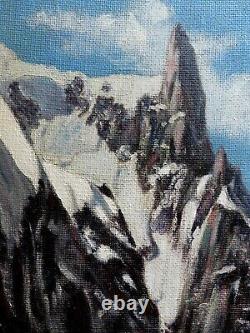 Grand Tableau Ancien Huile Montagne Neige Dent du Géant Alpes Mont BlancSigné