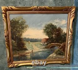 Grand Tableau Ancien Paysage Bucolique Cadre En Bois 1910-1930 60x51 cm