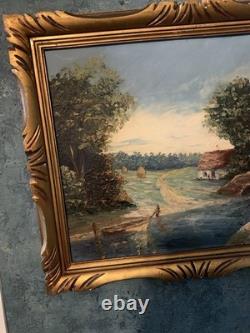 Grand Tableau Ancien Paysage Bucolique Cadre En Bois 1910-1930 60x51 cm