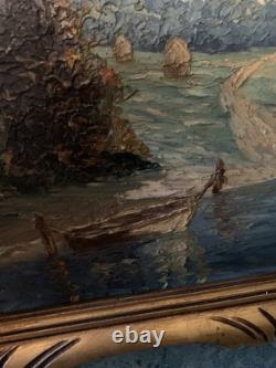 Grand Tableau Ancien Paysage Bucolique Cadre En Bois 1910-1930 60x51 cm