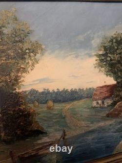 Grand Tableau Ancien Paysage Bucolique Cadre En Bois 1910-1930 60x51 cm