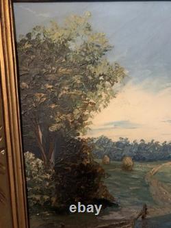 Grand Tableau Ancien Paysage Bucolique Cadre En Bois 1910-1930 60x51 cm