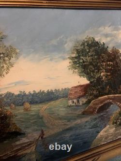 Grand Tableau Ancien Paysage Bucolique Cadre En Bois 1910-1930 60x51 cm