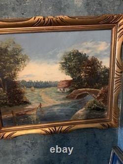 Grand Tableau Ancien Paysage Bucolique Cadre En Bois 1910-1930 60x51 cm
