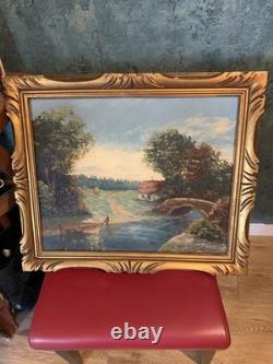 Grand Tableau Ancien Paysage Bucolique Cadre En Bois 1910-1930 60x51 cm