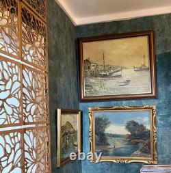 Grand Tableau Ancien Paysage Bucolique Cadre En Bois 1910-1930 60x51 cm