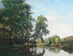 Grand Tableau Ancien Peinture Huile HST Ecole de Barbizon Vache Campagne XIXeme