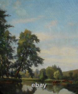 Grand Tableau Ancien Peinture Huile HST Ecole de Barbizon Vache Campagne XIXeme