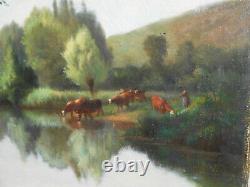 Grand Tableau Ancien Peinture Huile HST Ecole de Barbizon Vache Campagne XIXeme