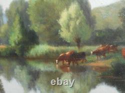 Grand Tableau Ancien Peinture Huile HST Ecole de Barbizon Vache Campagne XIXeme