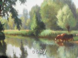 Grand Tableau Ancien Peinture Huile HST Ecole de Barbizon Vache Campagne XIXeme