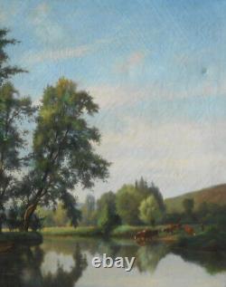 Grand Tableau Ancien Peinture Huile HST Ecole de Barbizon Vache Campagne XIXeme