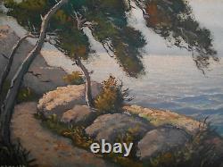 Grand Tableau Ancien Peinture Huile HST Marine Bord de Mer Provence Provencale