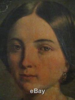 Grand Tableau Ancien Portrait Jeune Femme Epoque Romantique Restauration XIXe