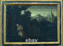 Grand Tableau ancien 17 ème portrait saint François d'Assise I'Italie paysage