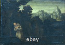 Grand Tableau ancien 17 ème portrait saint François d'Assise I'Italie paysage