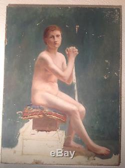 Grand Tableau ancien Huile ACADEMIQUE NU FEMININ XIXe à identifier Nude Oil