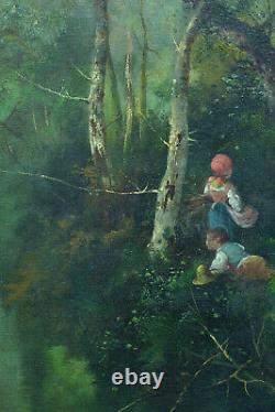 Grand Tableau ancien Paysage animé Barbizon forêt fagottière enfants ALLECY 19e