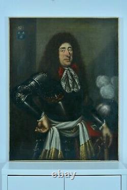 Grand Tableau ancien Portrait d'homme Perruque Armure Harmet Blazon 17 ème hst