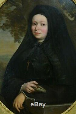 Grand Tableau ancien Portrait jeune femme habit Religieuse Moniale Desenne cadre