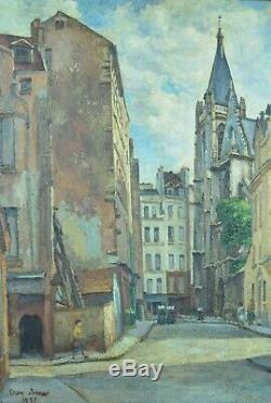 Grand Tableau ancien Vue animée rue Paris Paysage Cesar Bron 1930 HST rare