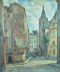 Grand Tableau ancien Vue animée rue Paris Paysage Cesar Bron 1930 HST rare