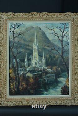 Grand Tableau ancien Vue de la Basilique de Lourdes Notre Dames de Lourdes Jiva