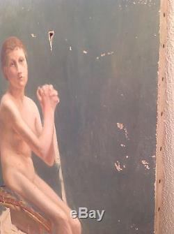 Grand Tableau ancien académique huile Nu feminin XIXe à identifier Nude Oil 19th