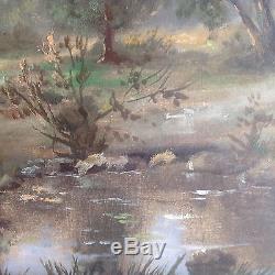 Grand Tableau ancien signé huile toile Paysage Barbizon Landscape Oil Painting
