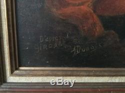 Grand et ancien tableau huile su panneau signé par un artiste à déchiffre