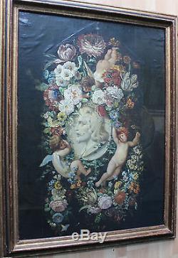 Grand tableau ancien Guirlande de fleurs aux putti et portrait d'homme Anonyme