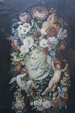 Grand tableau ancien Guirlande de fleurs aux putti et portrait d'homme Anonyme