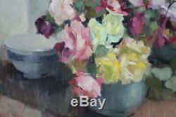 Grand tableau ancien HST Bouquet de roses Marthe BOELENS (1905-) Ecole belge