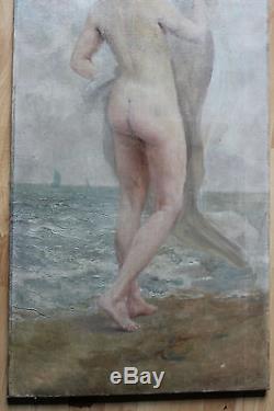 Grand tableau ancien HST Femme nue à la mer Anonyme