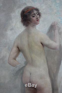 Grand tableau ancien HST Femme nue à la mer Anonyme