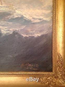 Grand tableau ancien Marine Musée Paul Valéry Huile sur toile Paquebot tempête