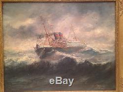 Grand tableau ancien Marine Musée Paul Valéry Huile sur toile Paquebot tempête