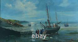 Grand tableau ancien Marine Pierre Godar retour de Pêche thonier bretagne bateau
