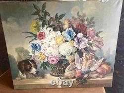 Grand tableau ancien Nature Morte aux fleurs Huile sur toile signée Dubois