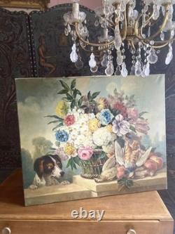 Grand tableau ancien Nature Morte aux fleurs Huile sur toile signée Dubois