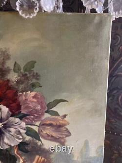 Grand tableau ancien Nature Morte aux fleurs Huile sur toile signée Dubois