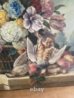 Grand tableau ancien Nature Morte aux fleurs Huile sur toile signée Dubois