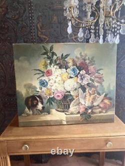 Grand tableau ancien Nature Morte aux fleurs Huile sur toile signée Dubois