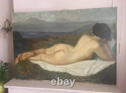 Grand tableau ancien Nu féminin allongé Huile sur toile 111 x 77 cm 1900