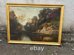 Grand tableau ancien Paysage de rivière Huile sur toile 102 x 78 cm