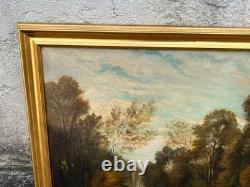 Grand tableau ancien Paysage de rivière Huile sur toile 102 x 78 cm