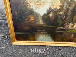Grand tableau ancien Paysage de rivière Huile sur toile 102 x 78 cm