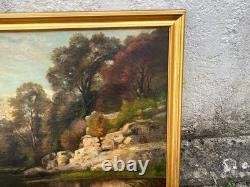 Grand tableau ancien Paysage de rivière Huile sur toile 102 x 78 cm