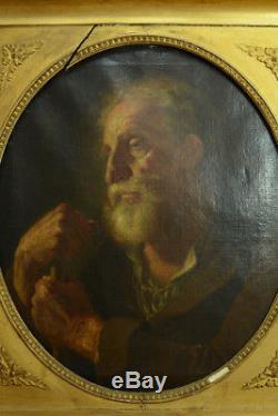 Grand tableau ancien école Italienne portrait d'homme à la barbe 18 ème cadre or