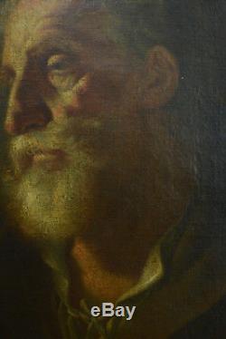 Grand tableau ancien école Italienne portrait d'homme à la barbe 18 ème cadre or